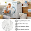 A woman is folding a white fluffy blanket inside a white washing machine, demonstrating its soft and anti-clumping features.