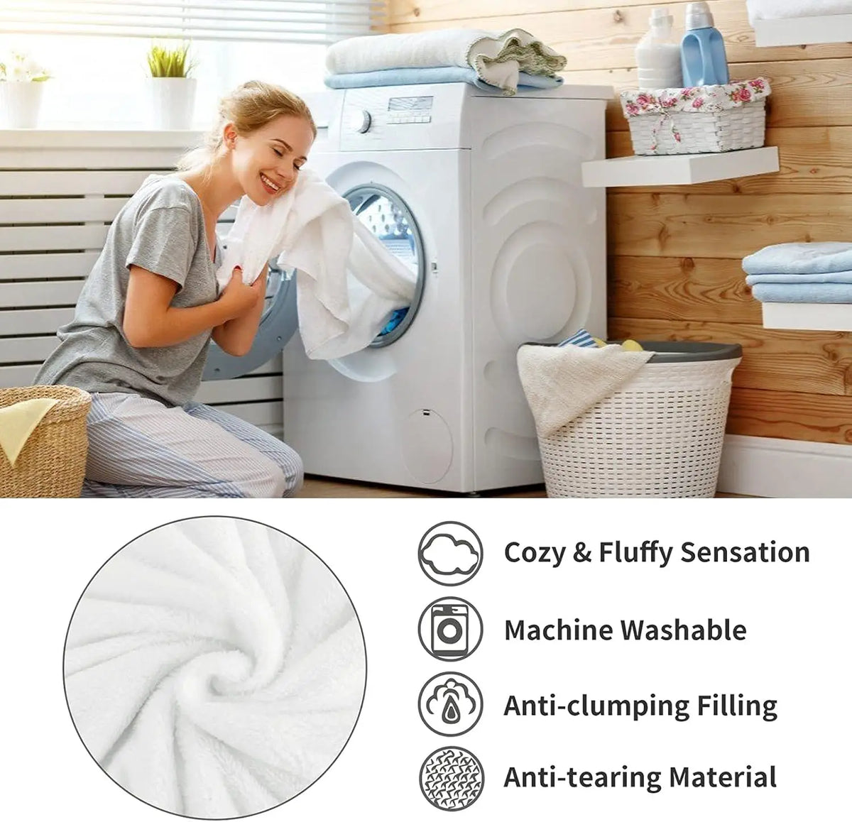 A woman is folding a white fluffy blanket inside a white washing machine, demonstrating its soft and anti-clumping features.