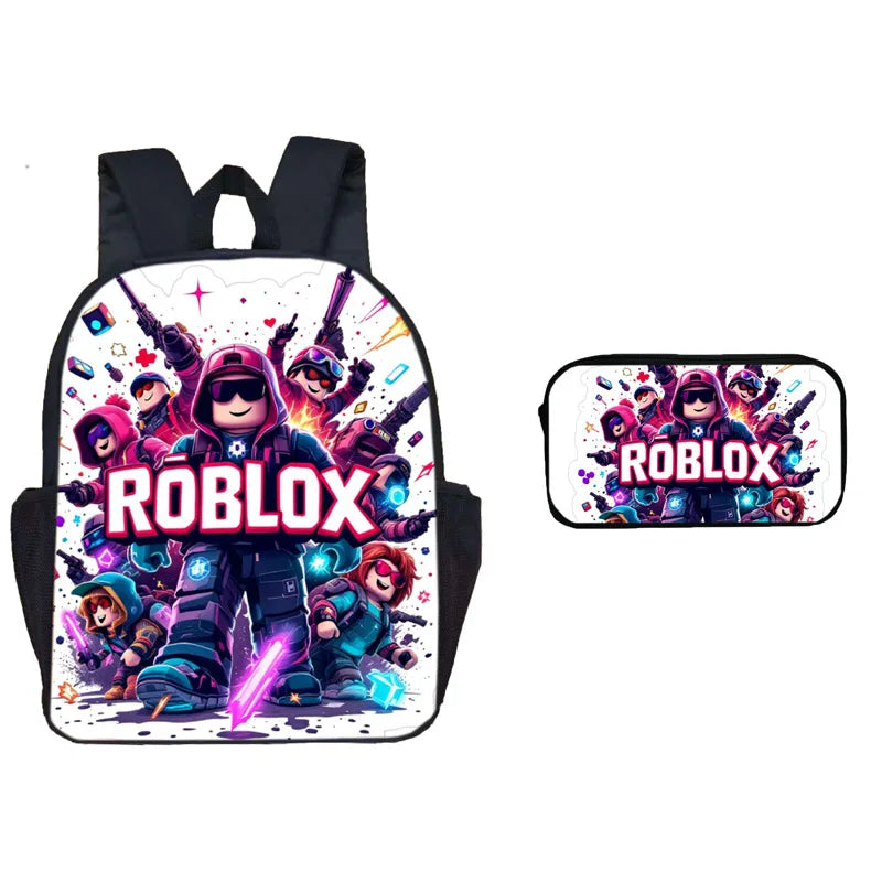 A black backpack and pen case set featuring a Roblox theme with characters and vibrant colors.