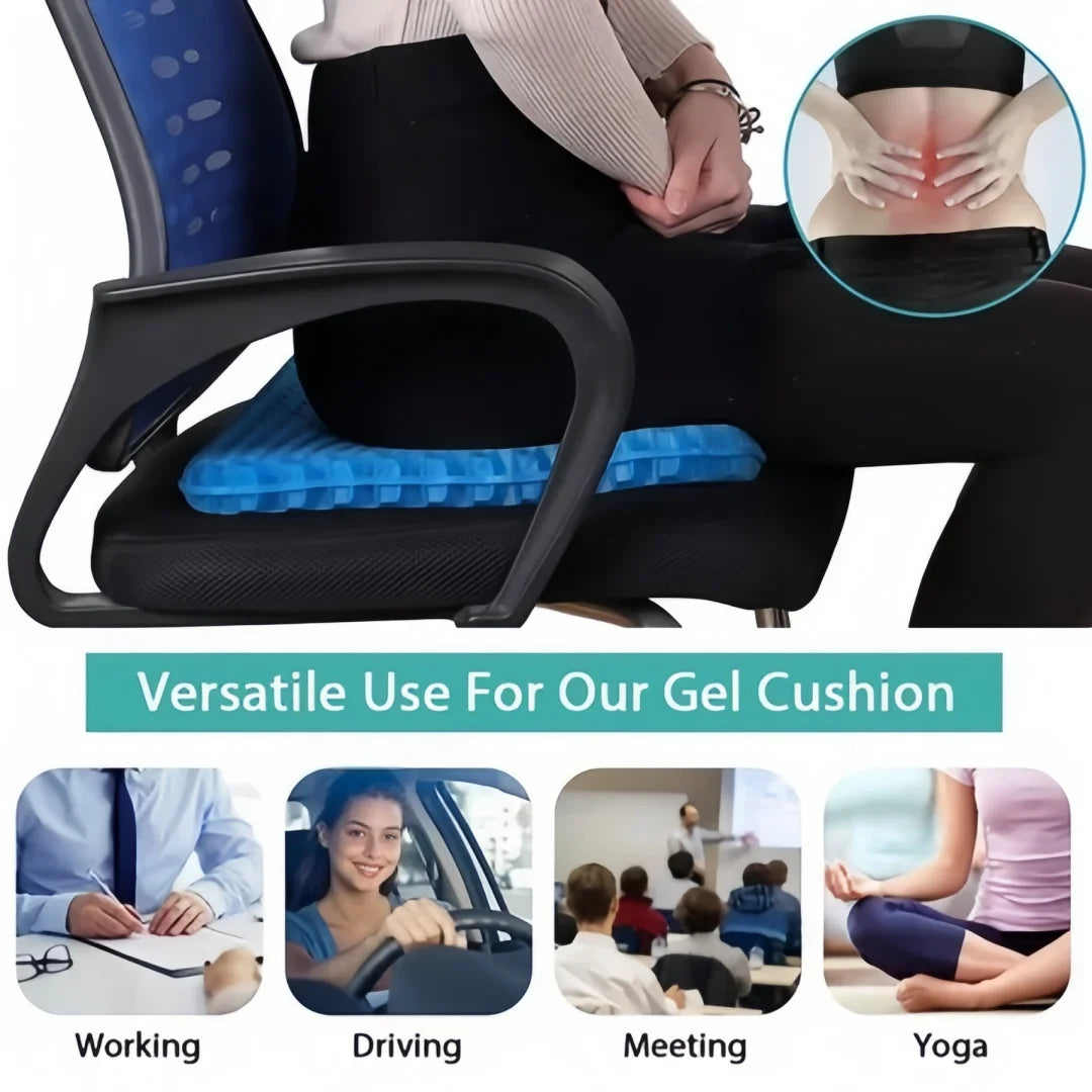 Honeycomb silicone seat cushion shown in various uses including working, driving, meeting, and yoga.