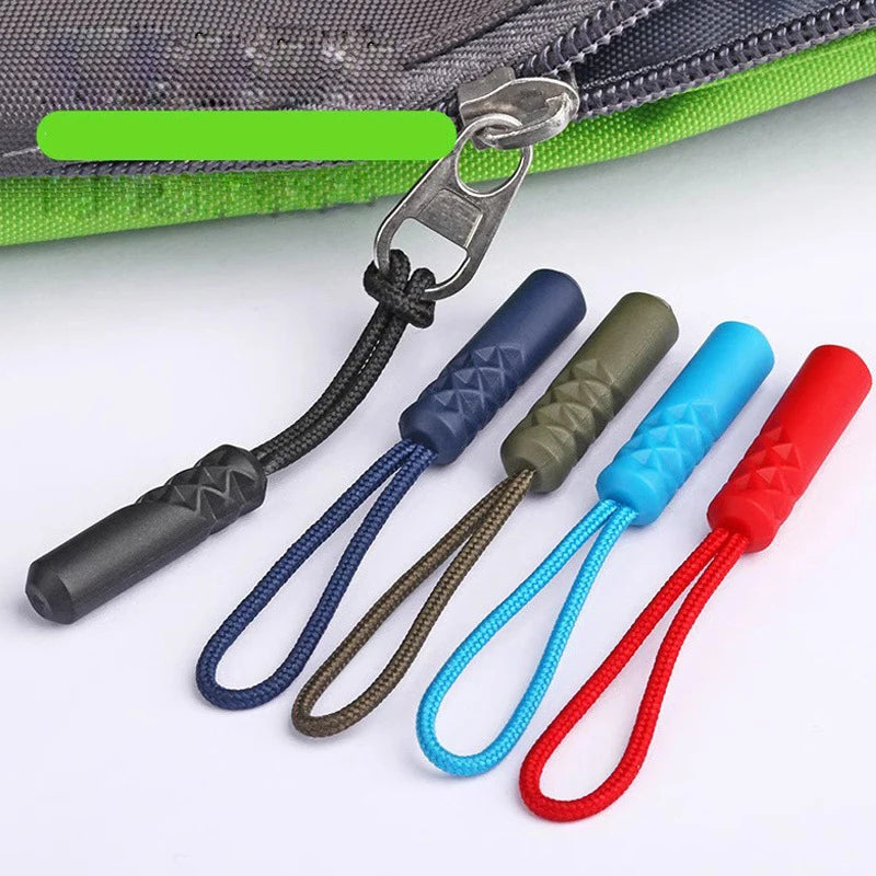 A set of ten zipper pull replacement clips in various colors including black, blue, olive green, cyan, and red.