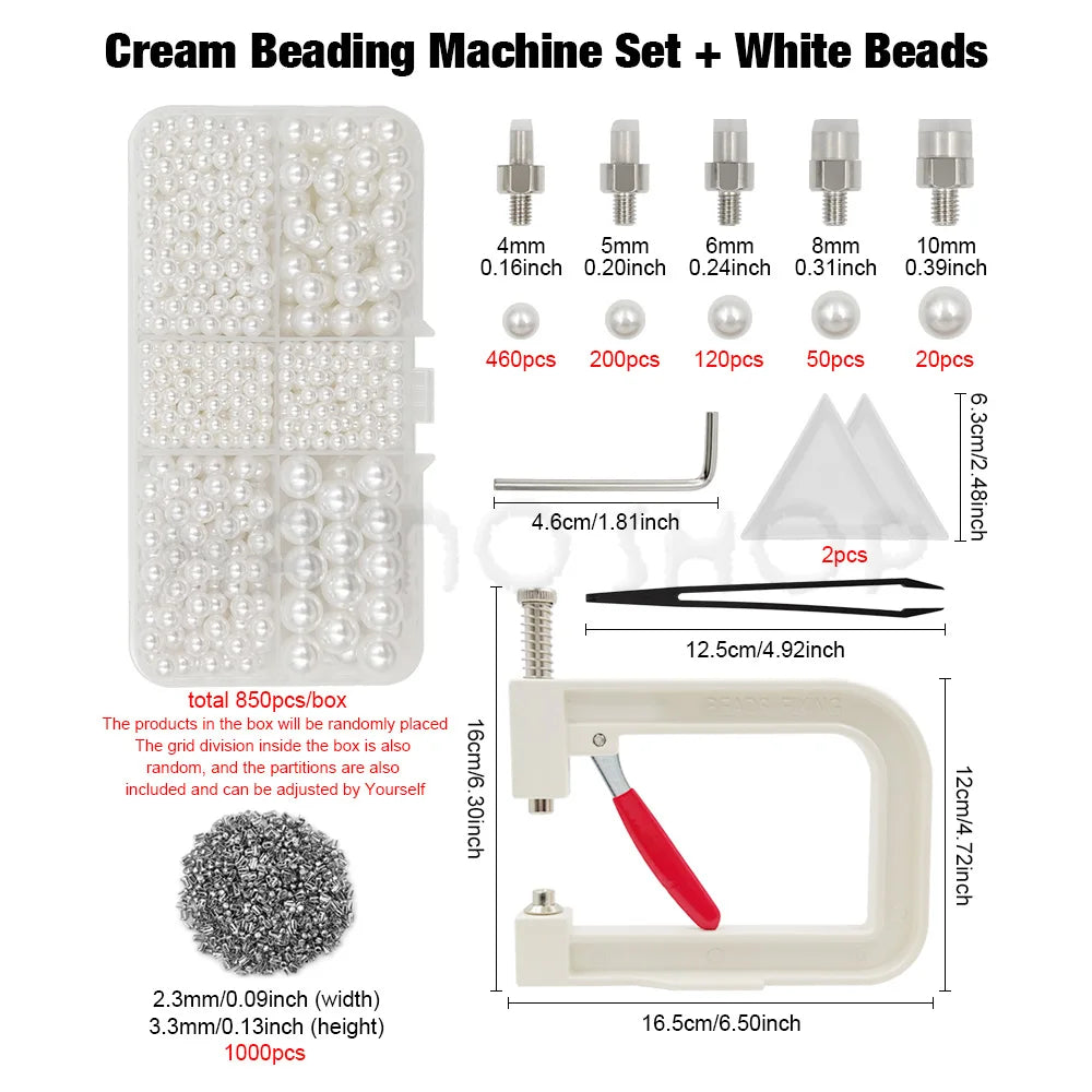 Cream beading machine set with various sized white beads and a handheld tool