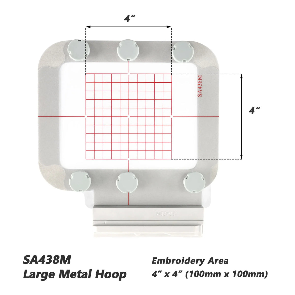SA438M Large Metal Hoop, a square embroidery hoop with a grid pattern and mounting holes.