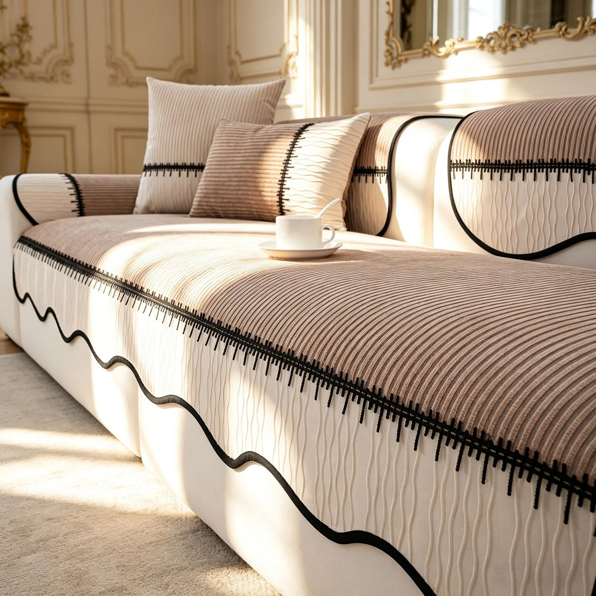A beige striped chenille pleated sofa cover with black trim and pillows in a bright room.