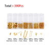 A set of gold-colored findings including various sizes and types of lobster clasps and jewelry components for making jewelry.