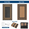 Front and back views of a reversible outdoor patio rug featuring a folding design in black and tan stripes.