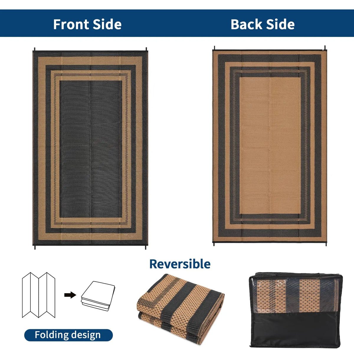 Front and back views of a reversible outdoor patio rug featuring a folding design in black and tan stripes.