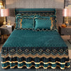 Emerald green velvet bed skirt with gold trim and diamond patterns on a bed.