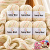 A set of six balls of fancy wool yarn in various pastel and striped colors for knitting and crochet projects.