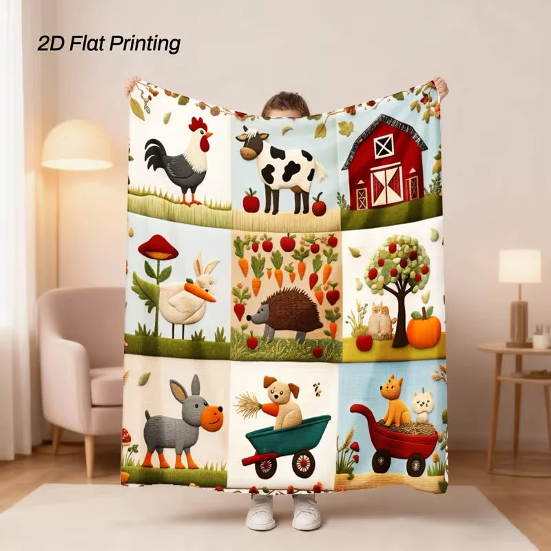 A colorful 2D flat printed flannel blanket featuring various farm animals like a rooster, cow, hedgehog, and bear.