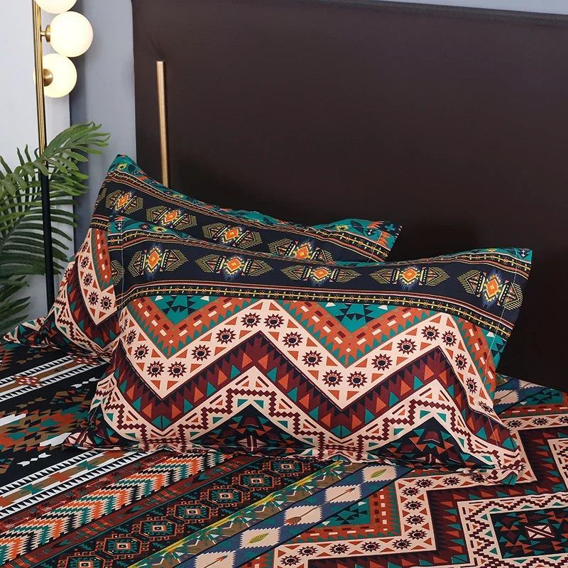 A close-up of a Boho Geometric duvet cover set featuring intricate patterns in earthy tones like rust, teal, and navy blue.