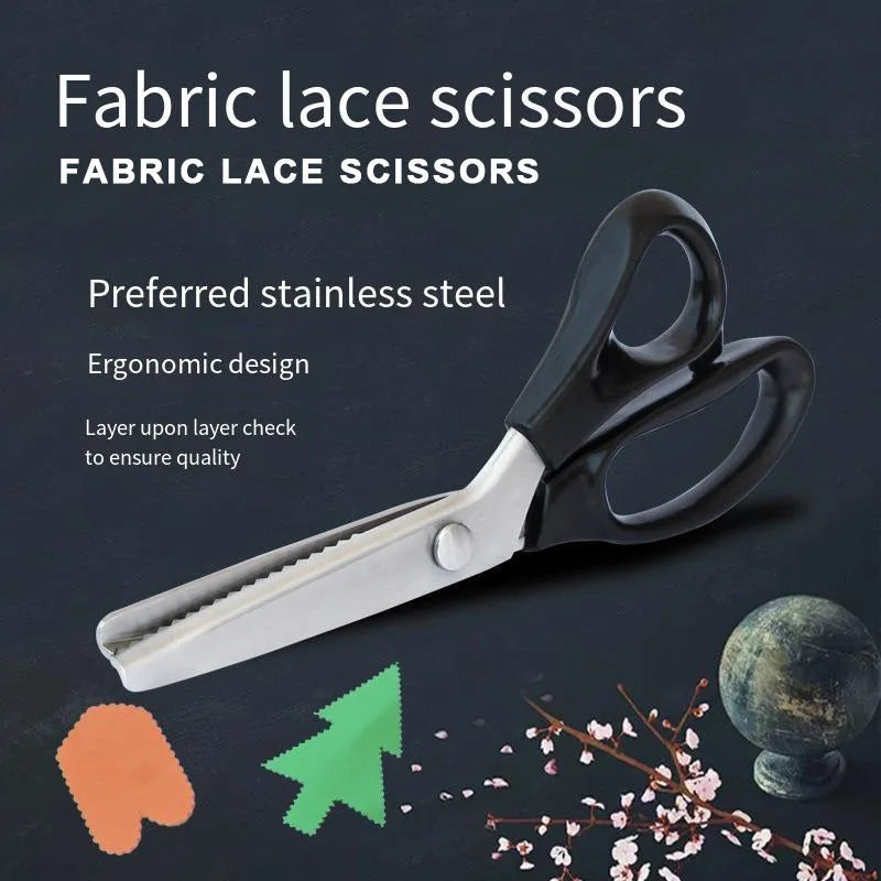 A pair of black fabric lace scissors with a silver blade and ergonomic design shown on a dark background.