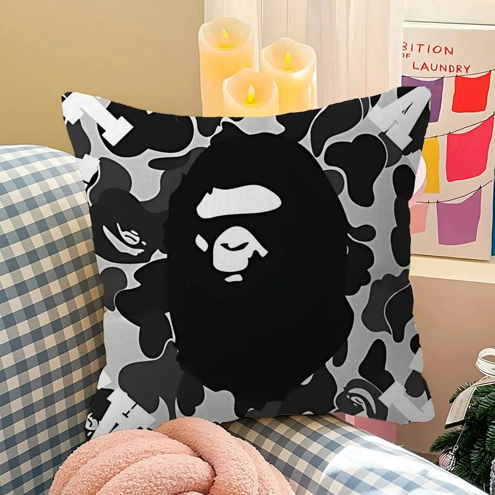 A decorative pillow cover featuring a bold black and white print of a stylized face.