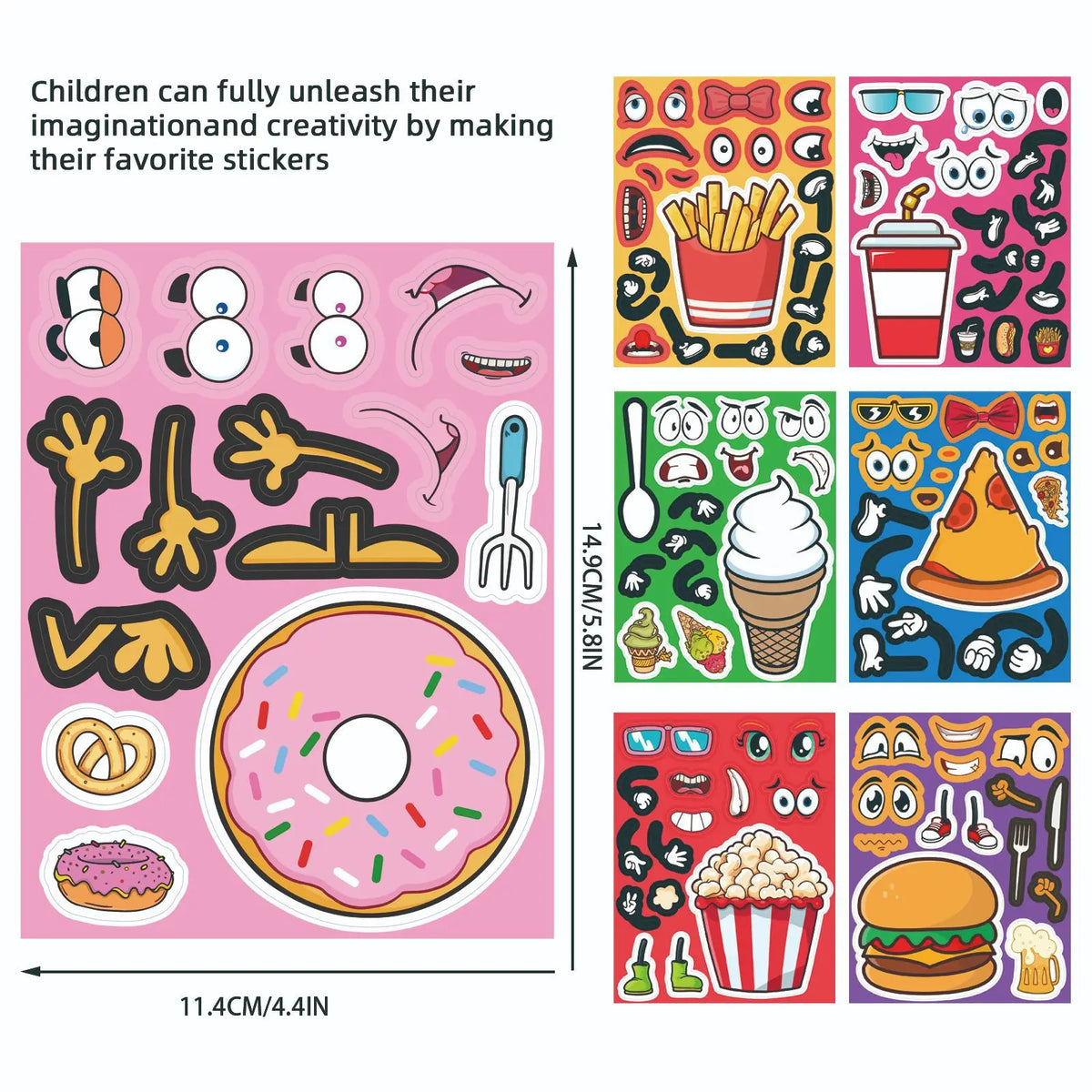 A set of colorful, fun face-changing DIY stickers for kids featuring various facial expressions and food items.