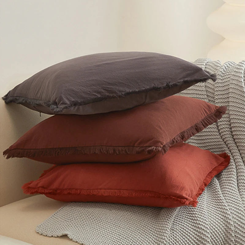 Washed Cotton Solid Cushion Cover with Tassel Fringe