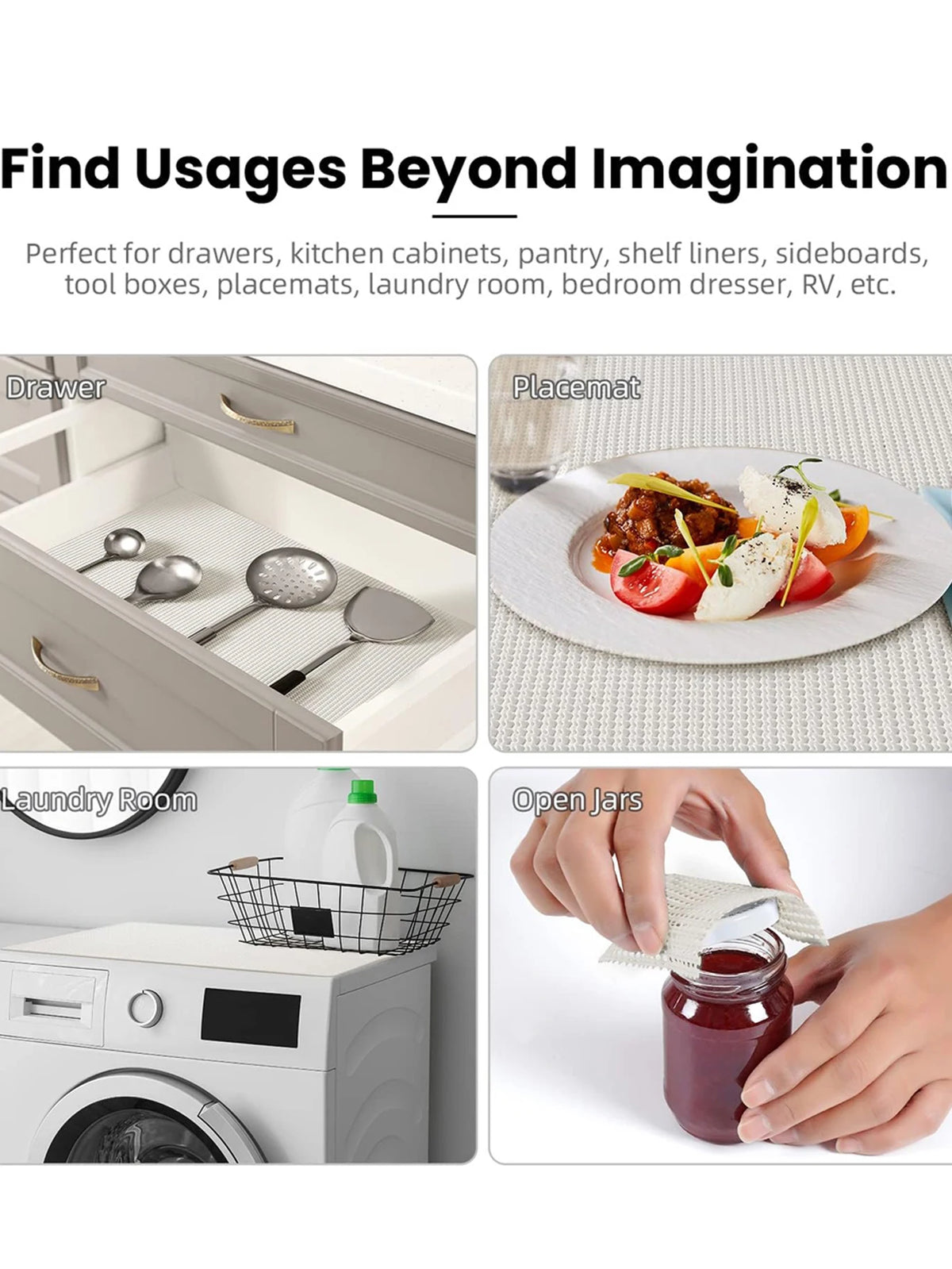 Various uses of a silicone non-slip drawer liner including kitchen cabinets, tool boxes, placemats, and laundry room organiza