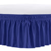 A navy blue elastic bed skirt with ruffled trim.