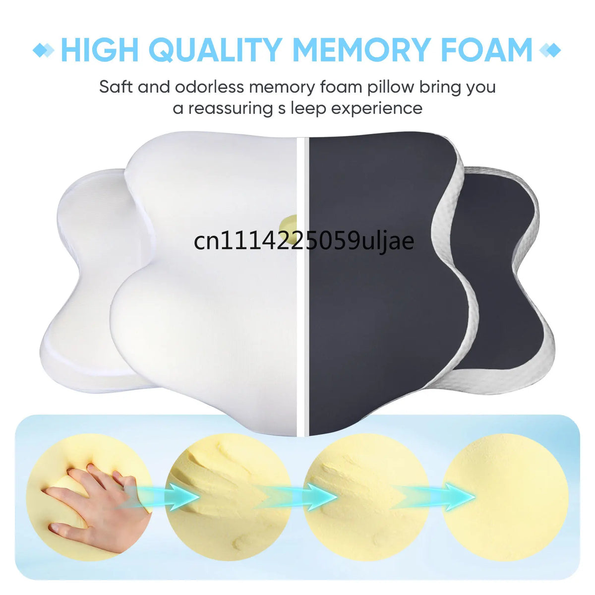 A white memory foam pillow is shown alongside a dark gray pillow, demonstrating the soft and odorless sleep experience.