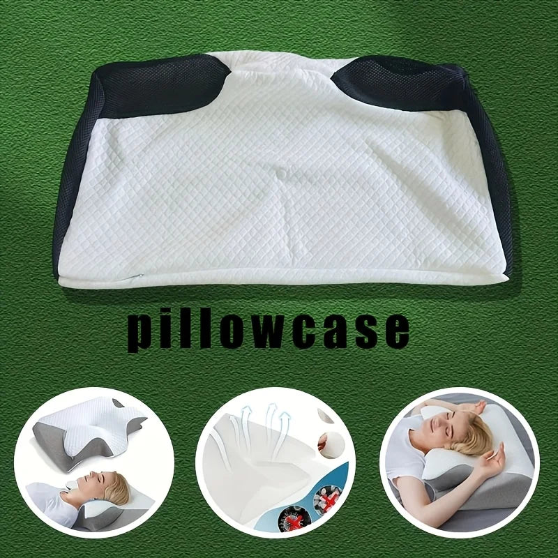 White memory foam pillowcase with black trim shown alongside usage examples.