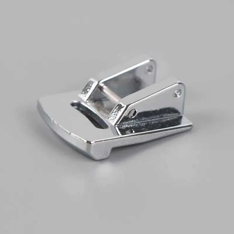 A pair of stainless steel rolled hem feet for sewing machines, shown in a close-up view.