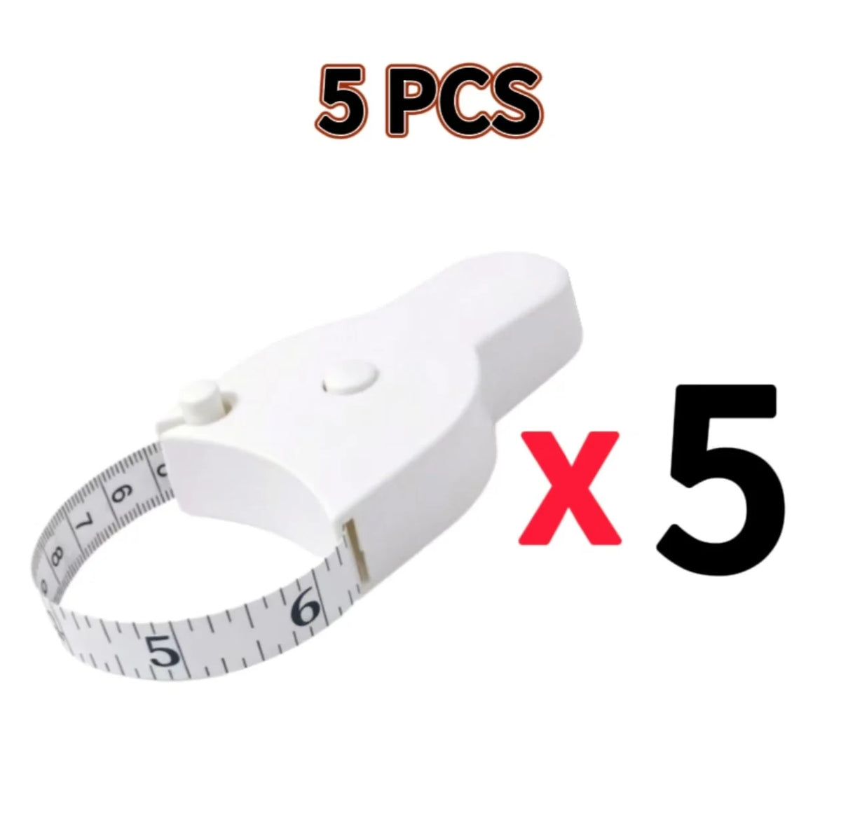 Five white telescopic body measuring tapes shown next to the product label