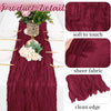 Deep burgundy lilac cheesecloth table runner with floral centerpiece and close-ups showing soft fabric texture and clean edge