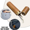 A wooden sewing kit with various size needles is shown alongside a small pouch and a denim fabric.