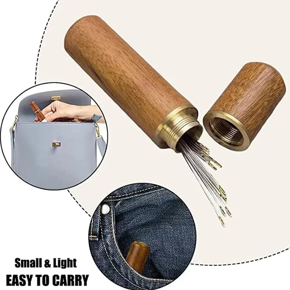 A wooden sewing kit with various size needles is shown alongside a small pouch and a denim fabric.
