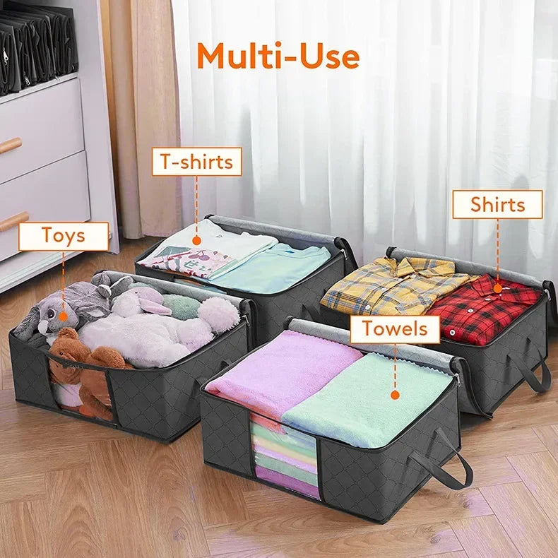 A set of multi-use foldable storage bags for organizing items like t-shirts, toys, shirts, and towels.