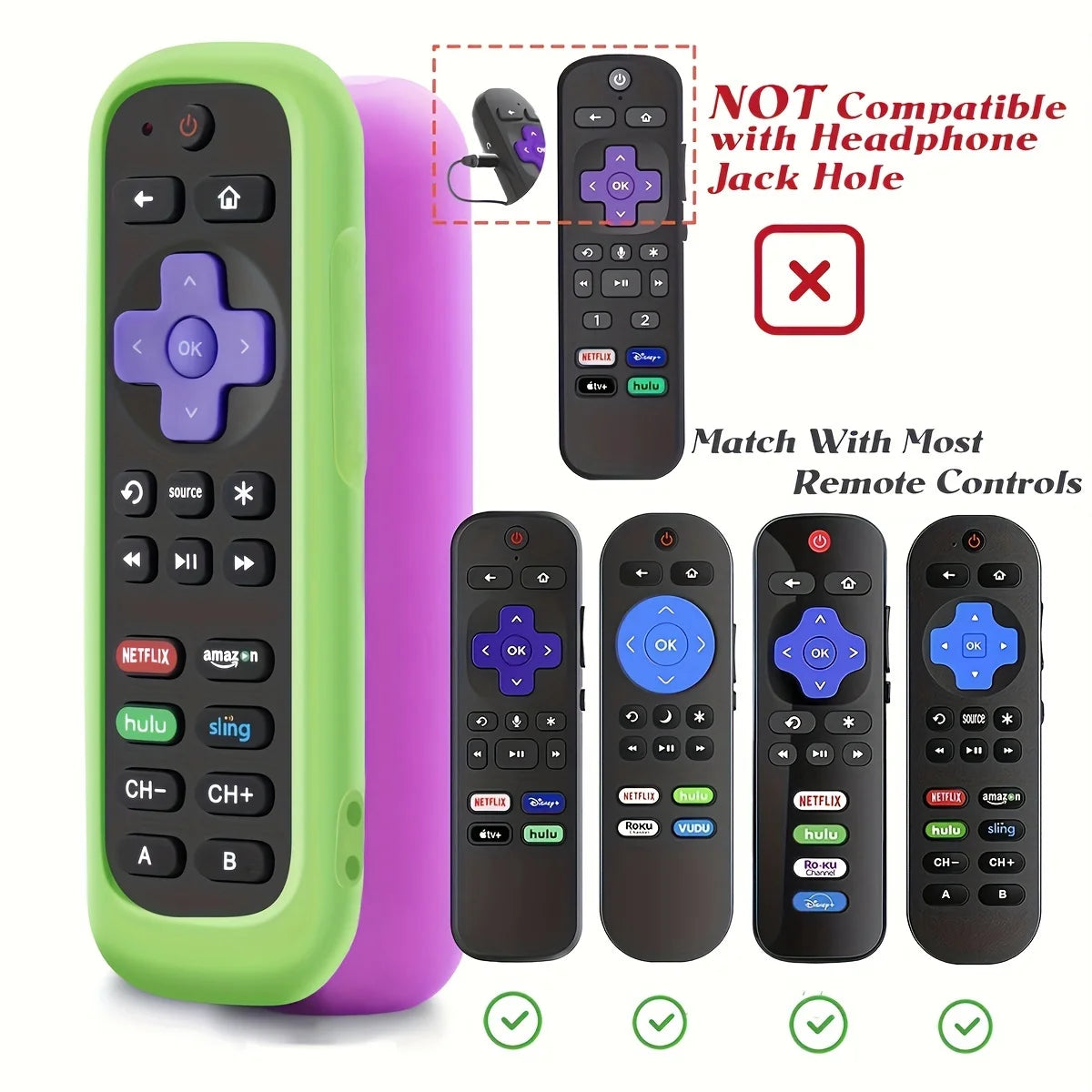 A green and purple glow-in-the-dark silicone remote control and several black remote covers for various devices.