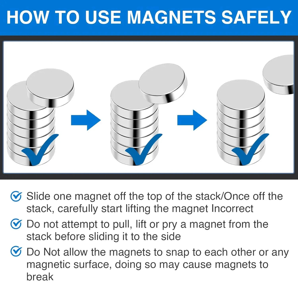 Instructions on how to safely use and handle a stack of magnetic fridge magnets