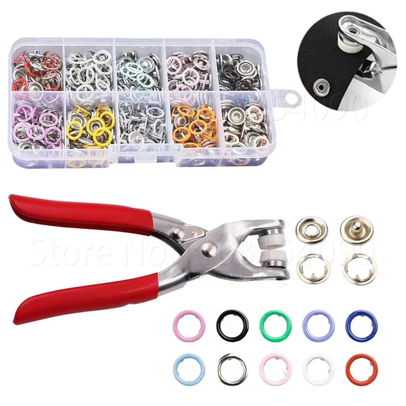 A kit of colorful metal sewing buttons and a pair of pliers for use in crafting