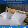 A white cotton terry fabric pillow protector shown on a bed, with icons indicating protection against dust mites, bed bugs, b