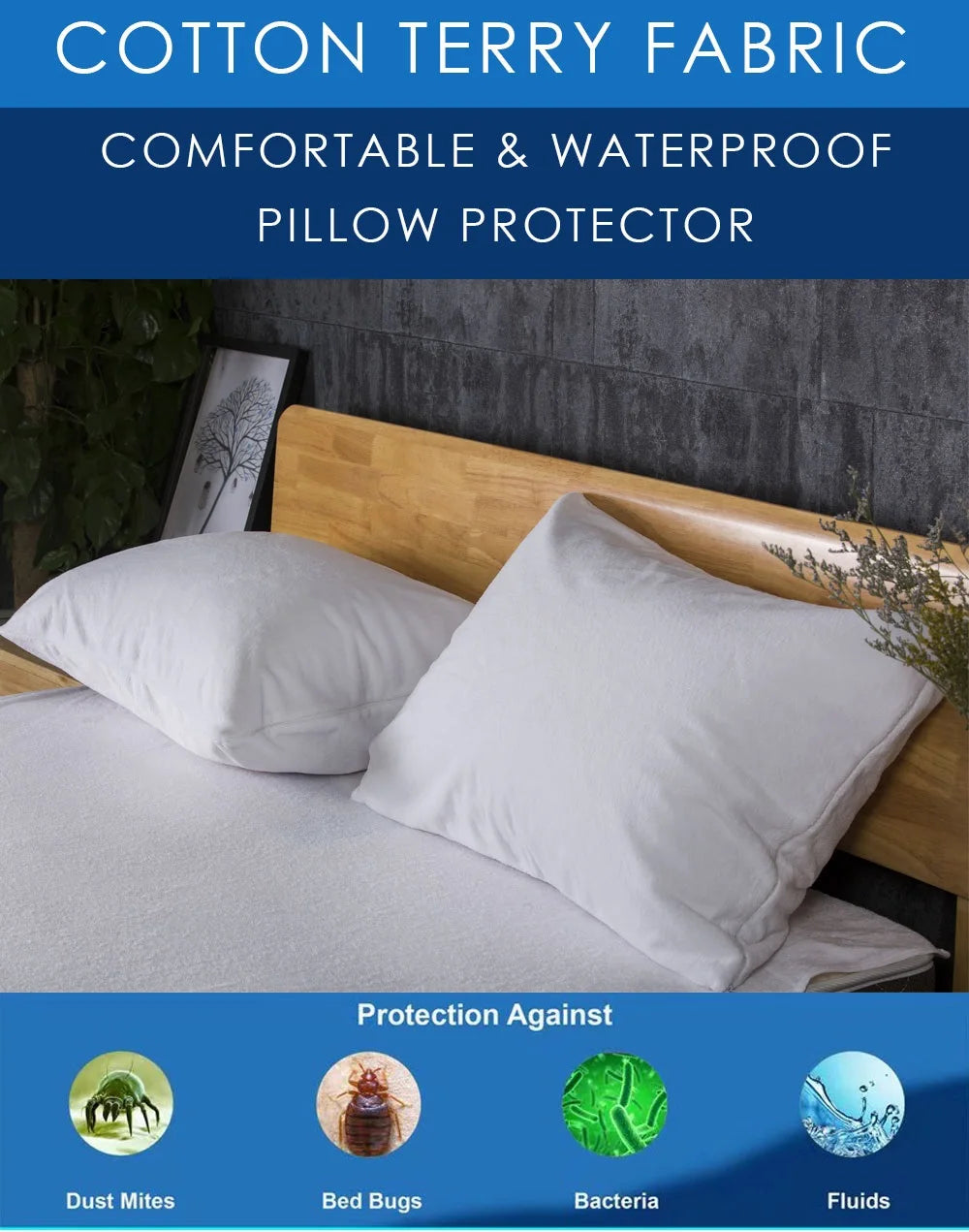 A white cotton terry fabric pillow protector shown on a bed, with icons indicating protection against dust mites, bed bugs, b