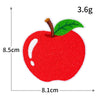 A red apple with a green leaf and brown stem, measuring 8.5cm high and 8.1cm wide, weighing 3.6g.