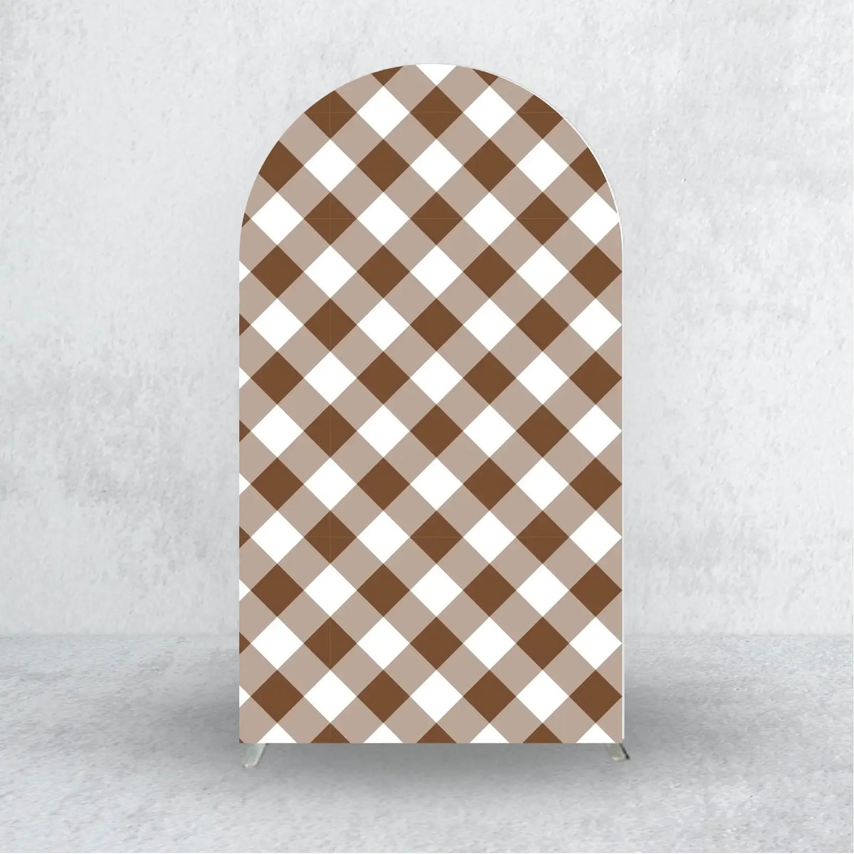 A tall arch backdrop cover featuring a brown and white checkered pattern.
