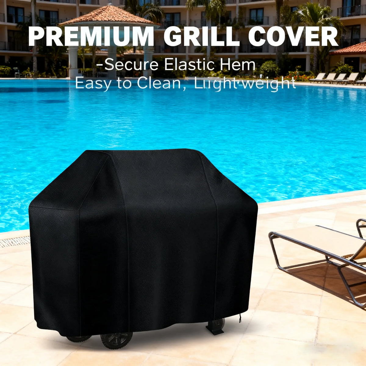 Black elastic hem grill cover placed on a patio next to a swimming pool.