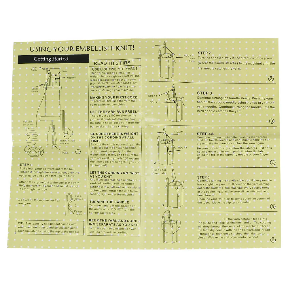 Instructions for using an Embellish-Knit to create a hand knit product.