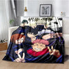 A dark themed anime throw blanket featuring characters from Jujutsu Kaisen in a dynamic illustration.