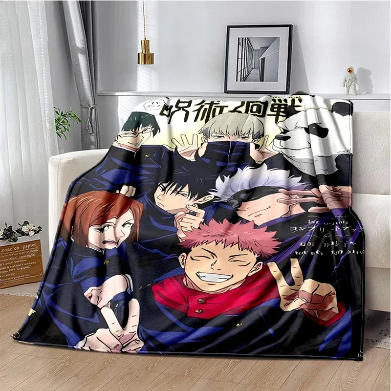 A dark themed anime throw blanket featuring characters from Jujutsu Kaisen in a dynamic illustration.