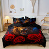 A bedding set featuring a large, fierce lion's head print with red roses on a black background.