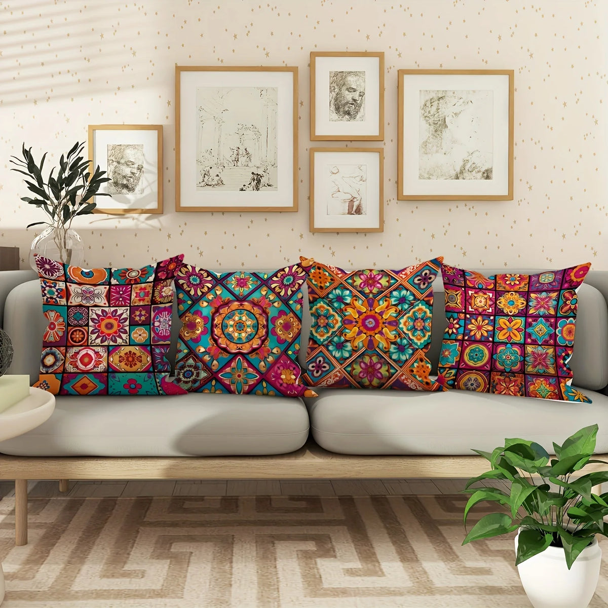 A sofa decorated with a set of colorful boho chic mandala plaid pillow covers and framed art on the wall.