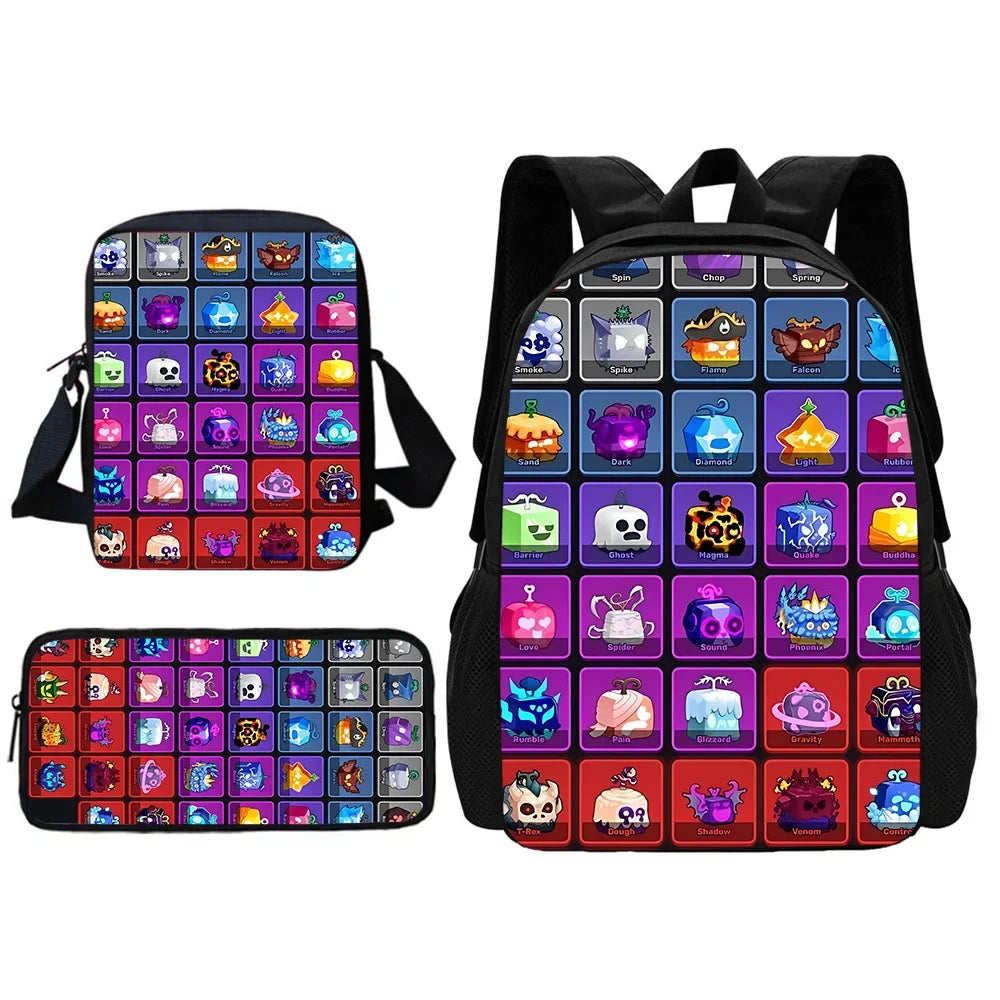 A set of a black cartoon kids backpack, matching shoulder bag, and pencil case featuring various colorful character designs.