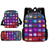 A set of cartoon school backpacks, including a shoulder bag and pencil case, featuring various colorful character designs.