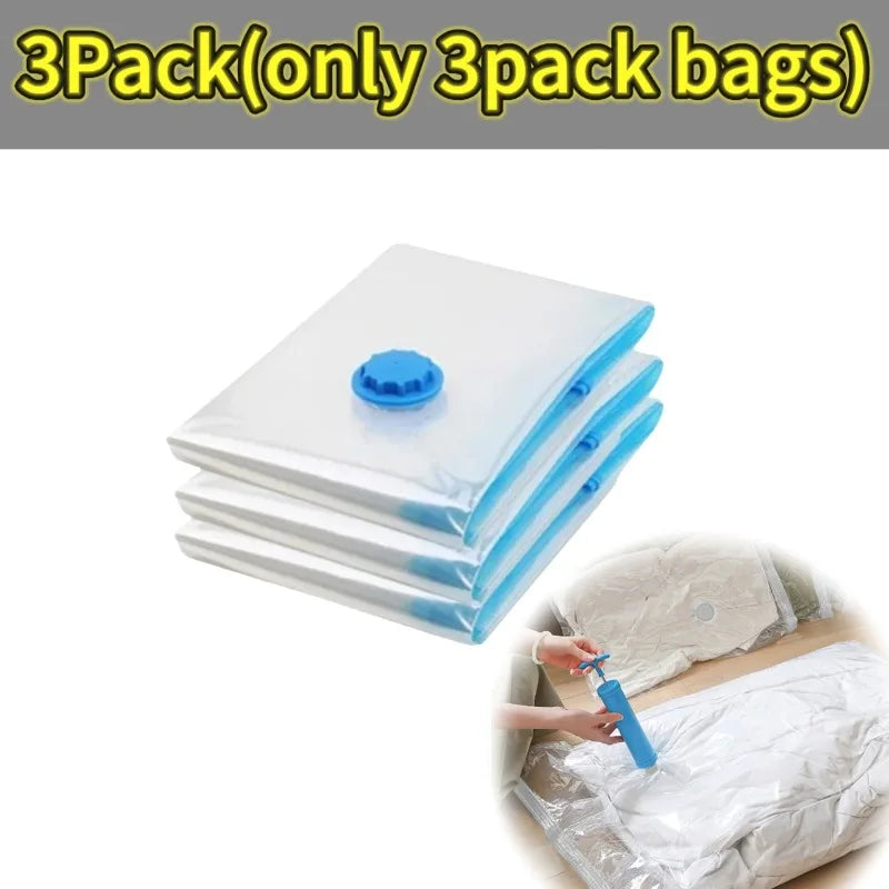 A stack of clear vacuum compression storage bags is shown, with one bag being opened to show the interior.