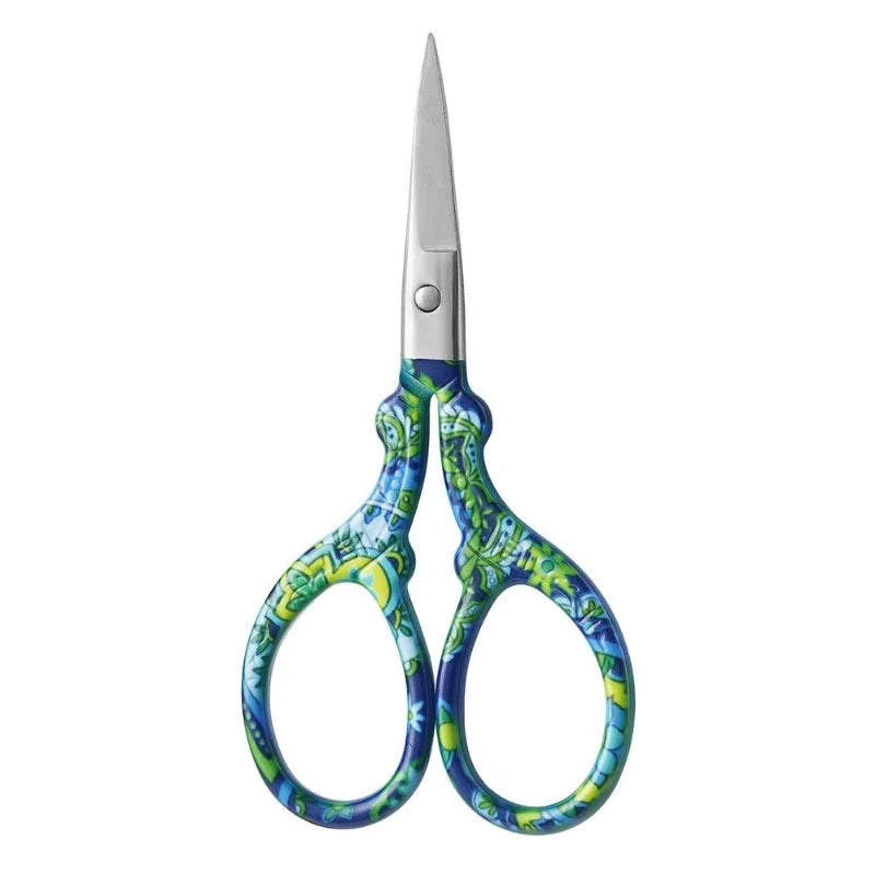 Pair of premium stainless steel embroidery scissors with blue and green floral pattern handles
