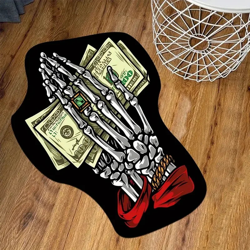 A black design featuring a hand made of cash bills and a red ribbon on a throw rug.