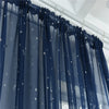 Blue sheer tulle curtains decorated with silver stars hanging in a window.