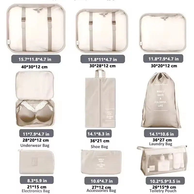 A set of 7 travel storage organizers including cosmetic pouches, underwear bags, and accessories bags.