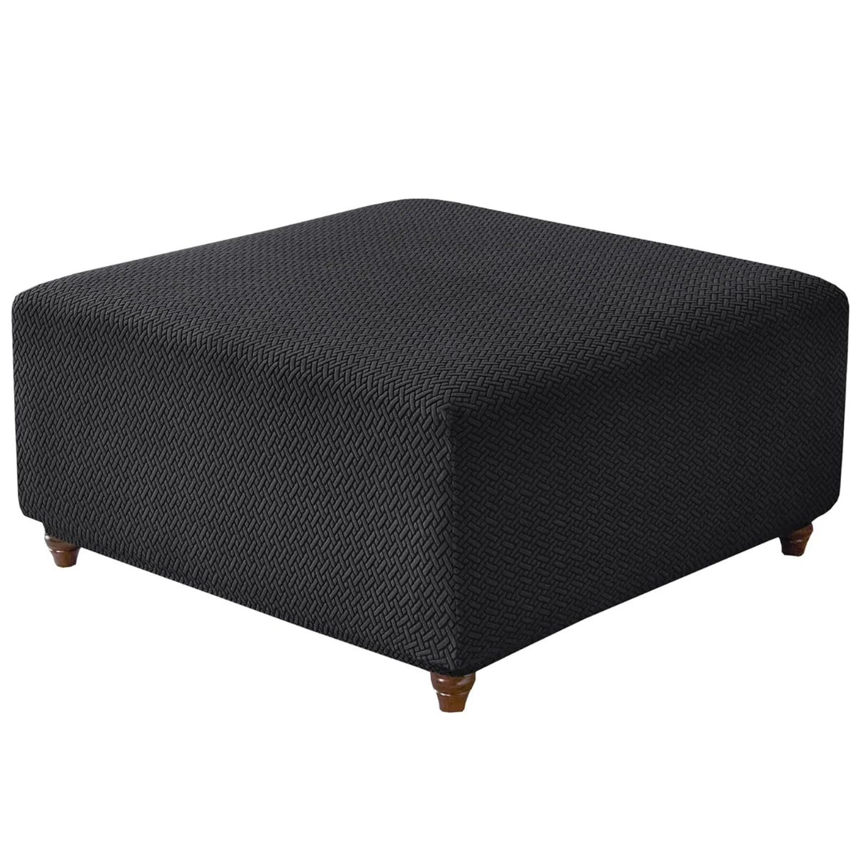 Black stretch jacquard ottoman and stool cover with a textured fabric.